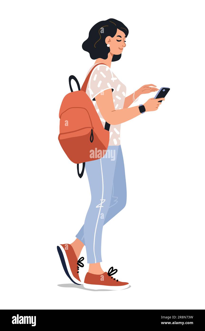 Une jeune fille élève tient en utilisant des téléphones mobiles. Personnage féminin avec smartphones entre les mains. Une jeune femme surfe sur Internet, bavardant. Vecteur graphique plat Illustration de Vecteur