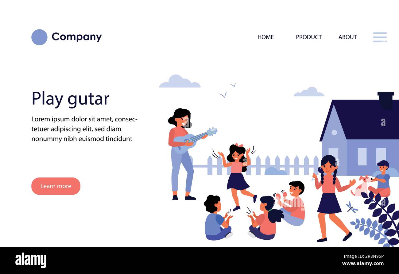 Professeur féminin jouant de la guitare à des enfants jouant à l'extérieur [converti] Illustration de Vecteur