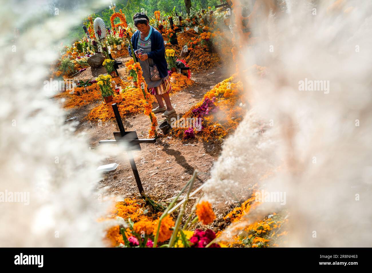 Une femme indigène mexicaine se promène dans les tombes d'un cimetière lors des célébrations du jour des morts à Tzurumútaro, Michoacán, Mexique. Banque D'Images