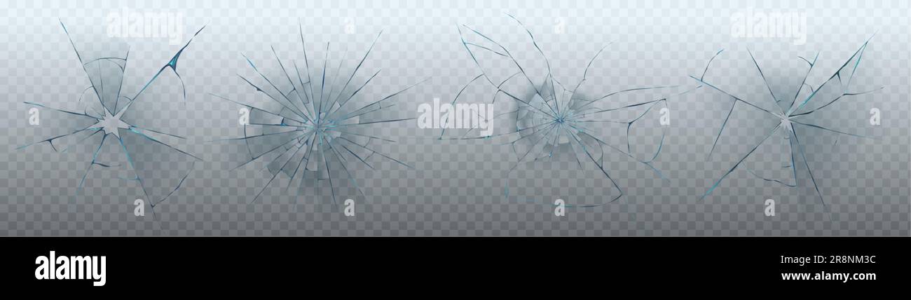 Ensemble réaliste de fissures en verre isolées sur fond transparent. Illustration vectorielle d'une fenêtre cassée, d'un écran de moniteur, d'un écran de gadget, d'un pare-brise de voiture Illustration de Vecteur