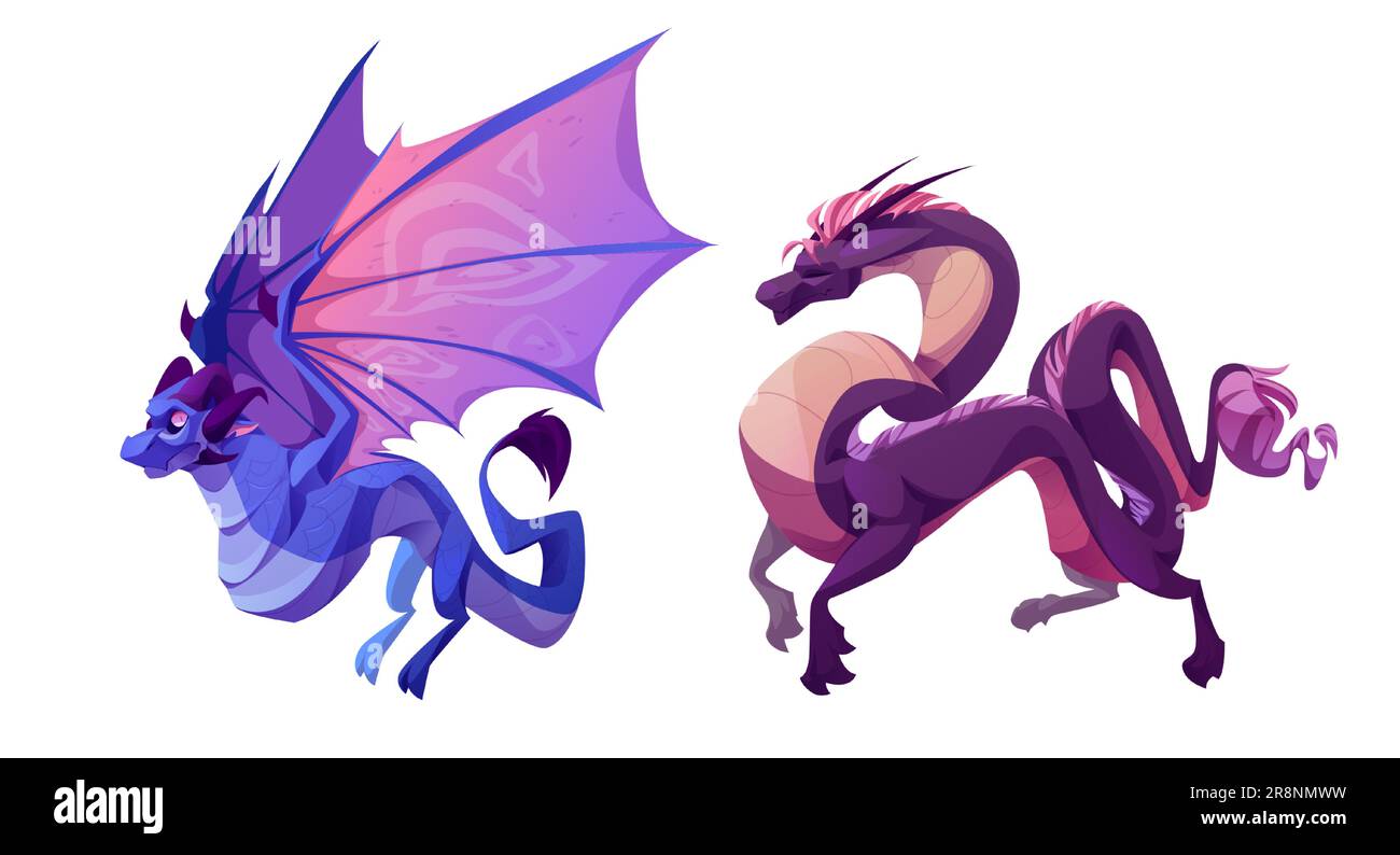 Set de dragon de magie fantaisie pour l'illustration de dessin animé de jeu de conte de fées. Élément clipart de personnage de monstre de mouche isolé avec ailes en bleu et violet. Collection de dessins de dinosaures mythiques Illustration de Vecteur