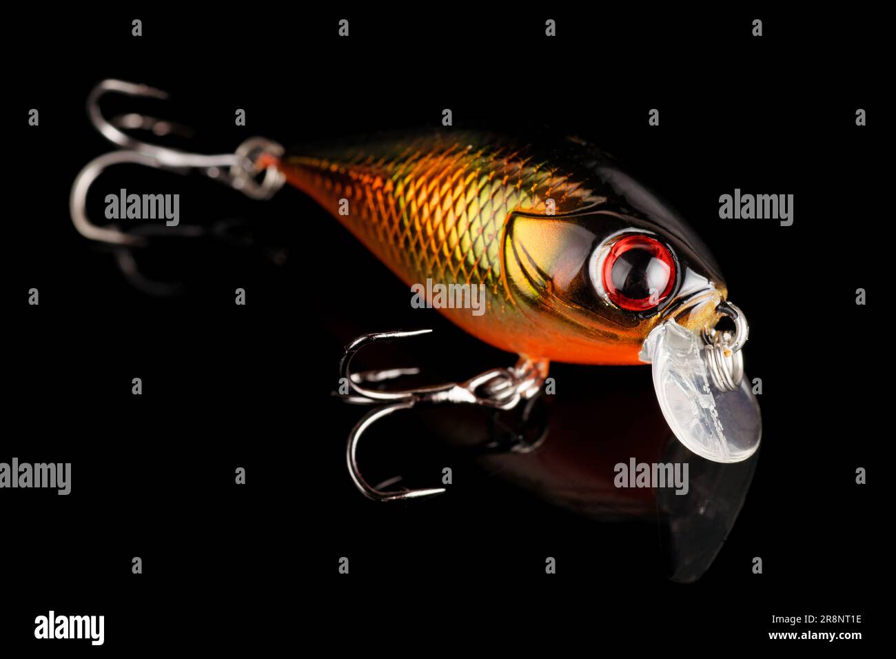 Leurre de pêche en plastique - manivelle de cliquetis isolée sur fond noir Banque D'Images