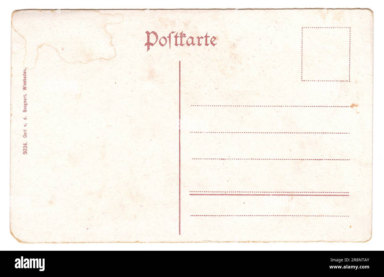 Carte postale vintage verso avec bords altérés sur fond blanc imprimé vers 1910, Allemagne Banque D'Images