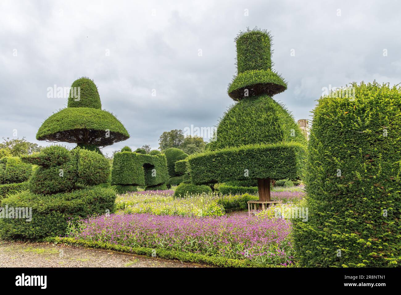 Des arbustes aux formes fantastiques dans le plus ancien parc topiaire du monde, le Levens Hall de Cumbria, Royaume-Uni. Banque D'Images