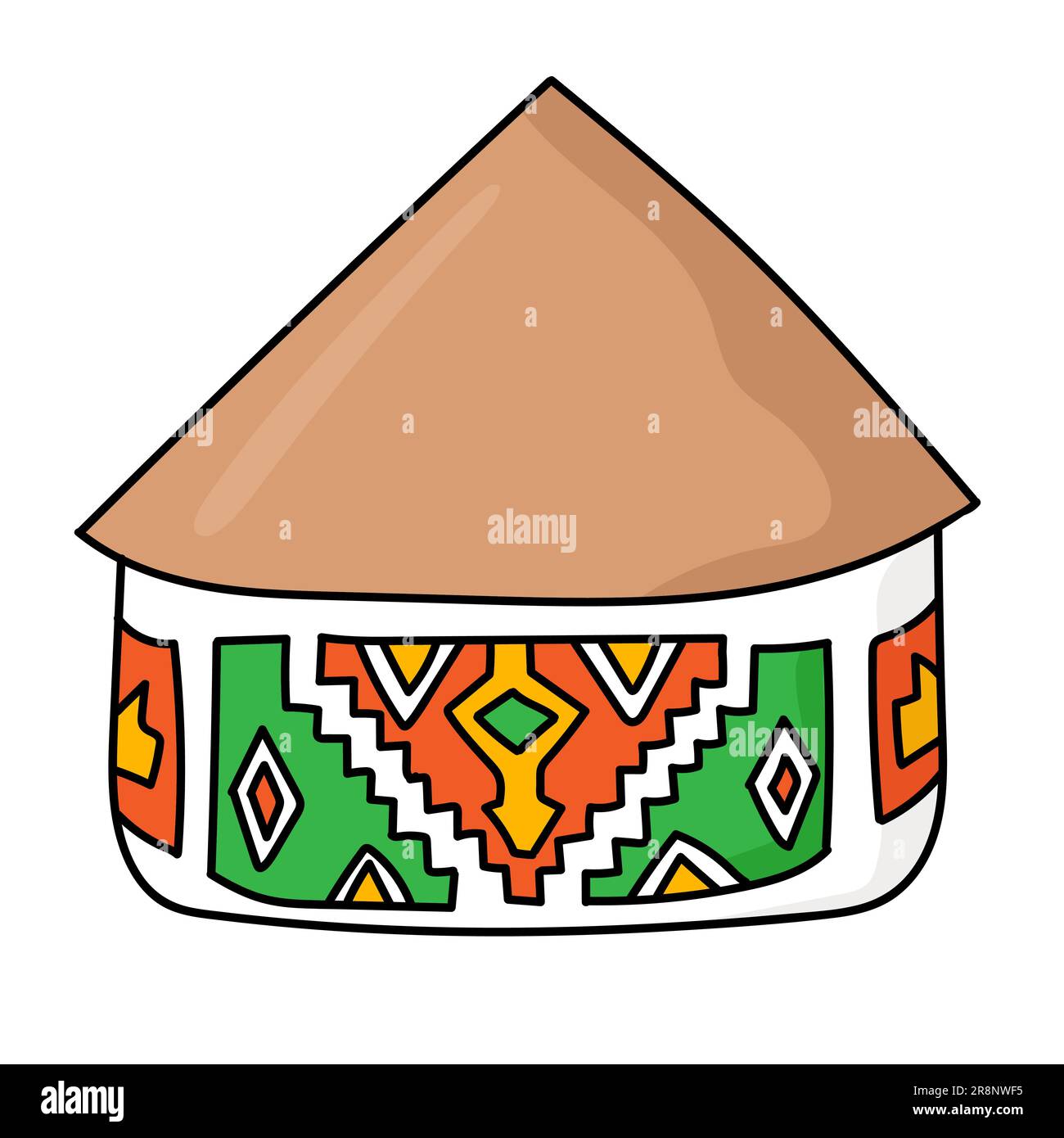 Une cabane nationale africaine en forme de doodle dessinée à la main. Habitation tribale de Ndebele. Toit de chaume simple et murs aux motifs ethniques. Couleur vive. Vecteur illustrat Illustration de Vecteur