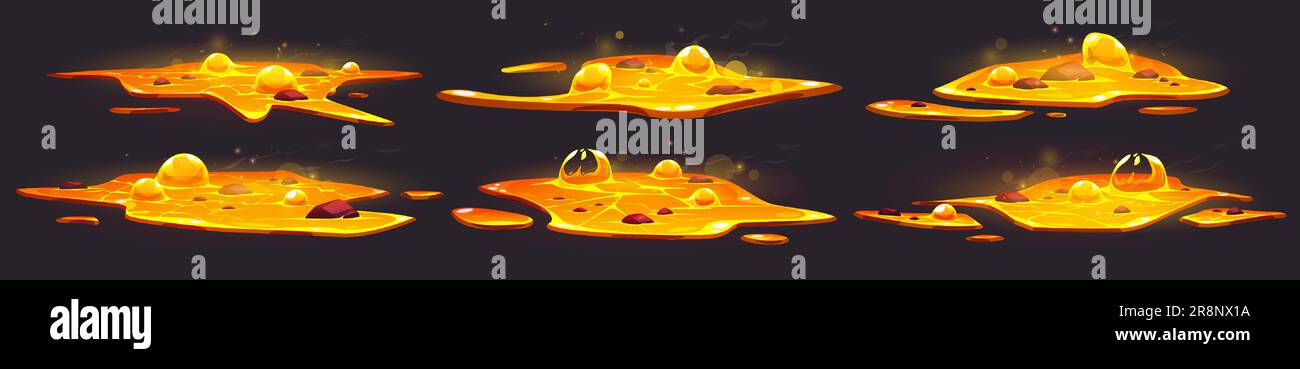ensemble de 2d vecteurs de dessin animé de flaque de lave de volcan liquide magique. Le magma orange isolé de mouvement de flamme pour l'enfer dans l'environnement de jeu mobile. Texture de l'explosion de la fonderie de métal fondu. Image clipart de texture png UI Illustration de Vecteur
