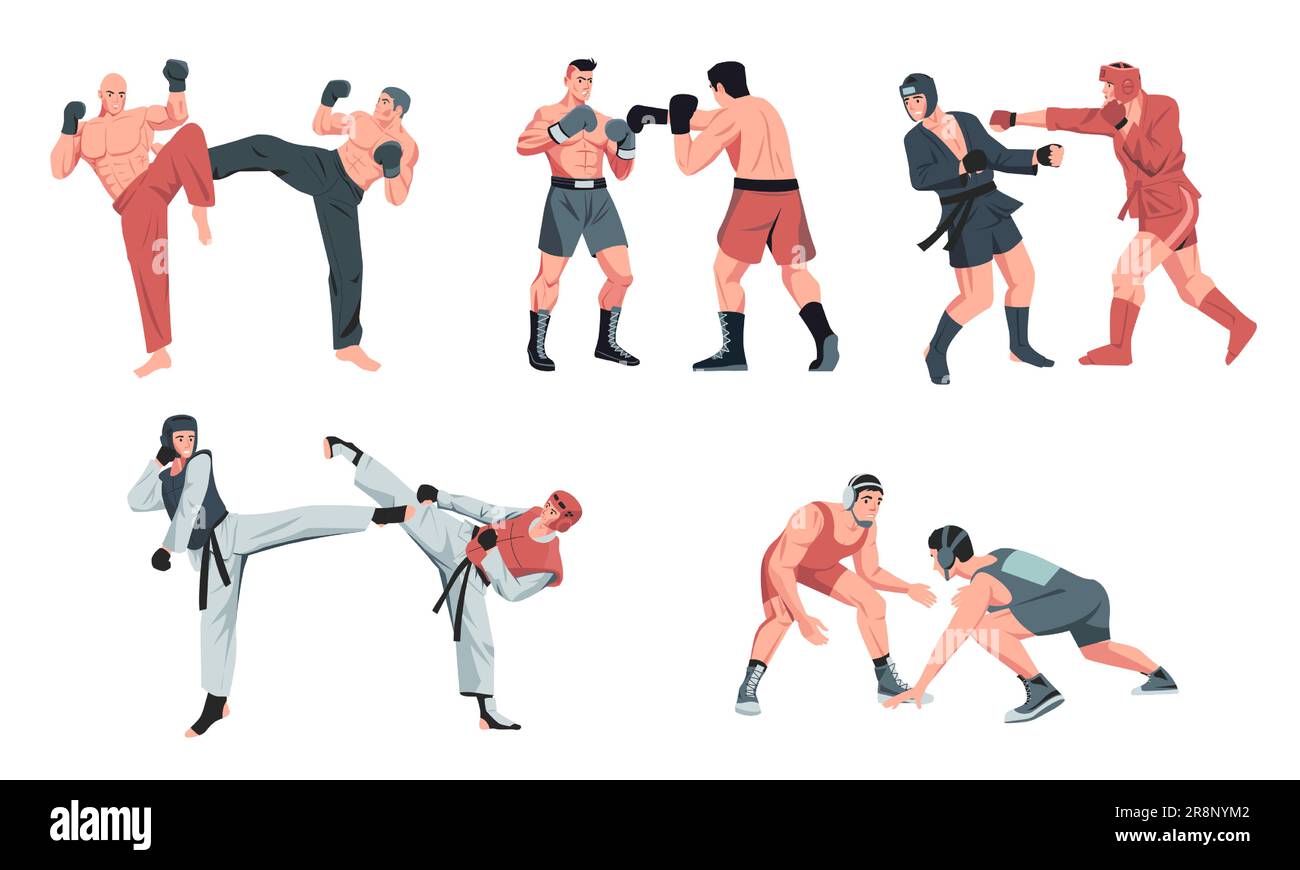 Arrosage. Arts martiaux personnages de compétition de combat, de boxe et d'entraînement, athlètes musclés en position de combat de style de dessin animé d'entraînement de combat. Vecteur se Illustration de Vecteur