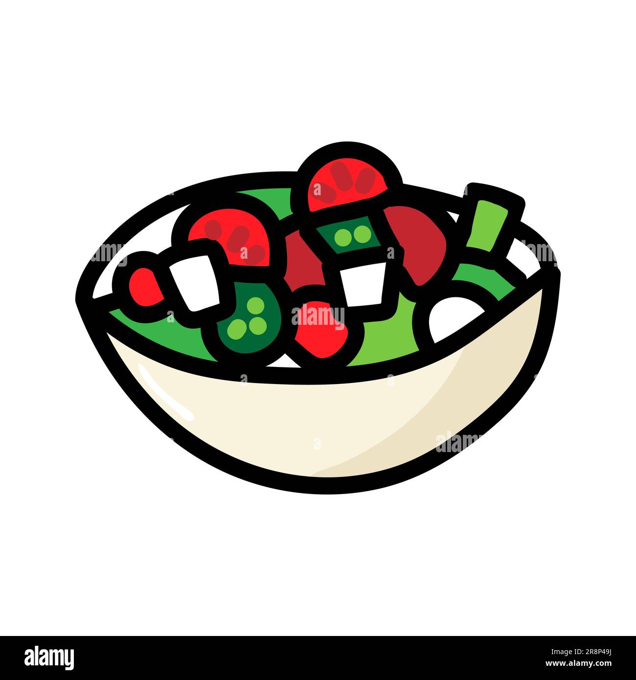Un bol de salade grecque ou chypriote est tiré à la main. Meze. Tomates, concombres et fromage ou brynza dans un bol beige. Illustration vectorielle isolée sur un Illustration de Vecteur
