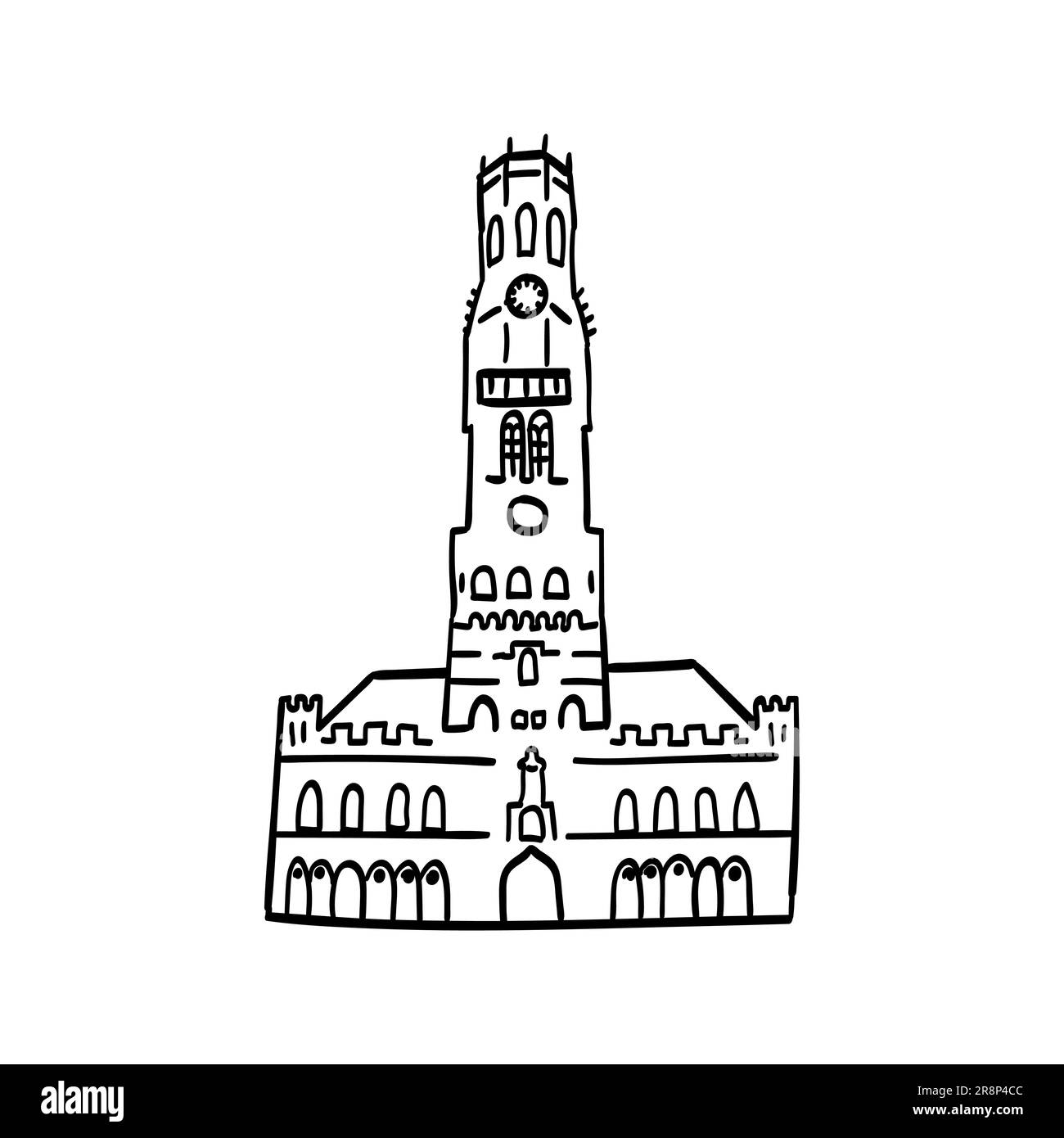 Dessin à la main de l'icône de contour de doodle de bâtiment européen avec montre. Sites touristiques des villes d'europe. dessins simples de façades Illustration de Vecteur