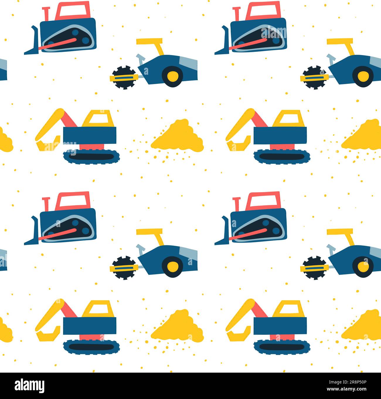 Motif sans couture avec des voitures mignonnes dessinées à la main camion, tracteur, grue de chargement, bulldozer, pelle hydraulique. un peu de sable. Style scandinave coloré. Illustration vectorielle Illustration de Vecteur