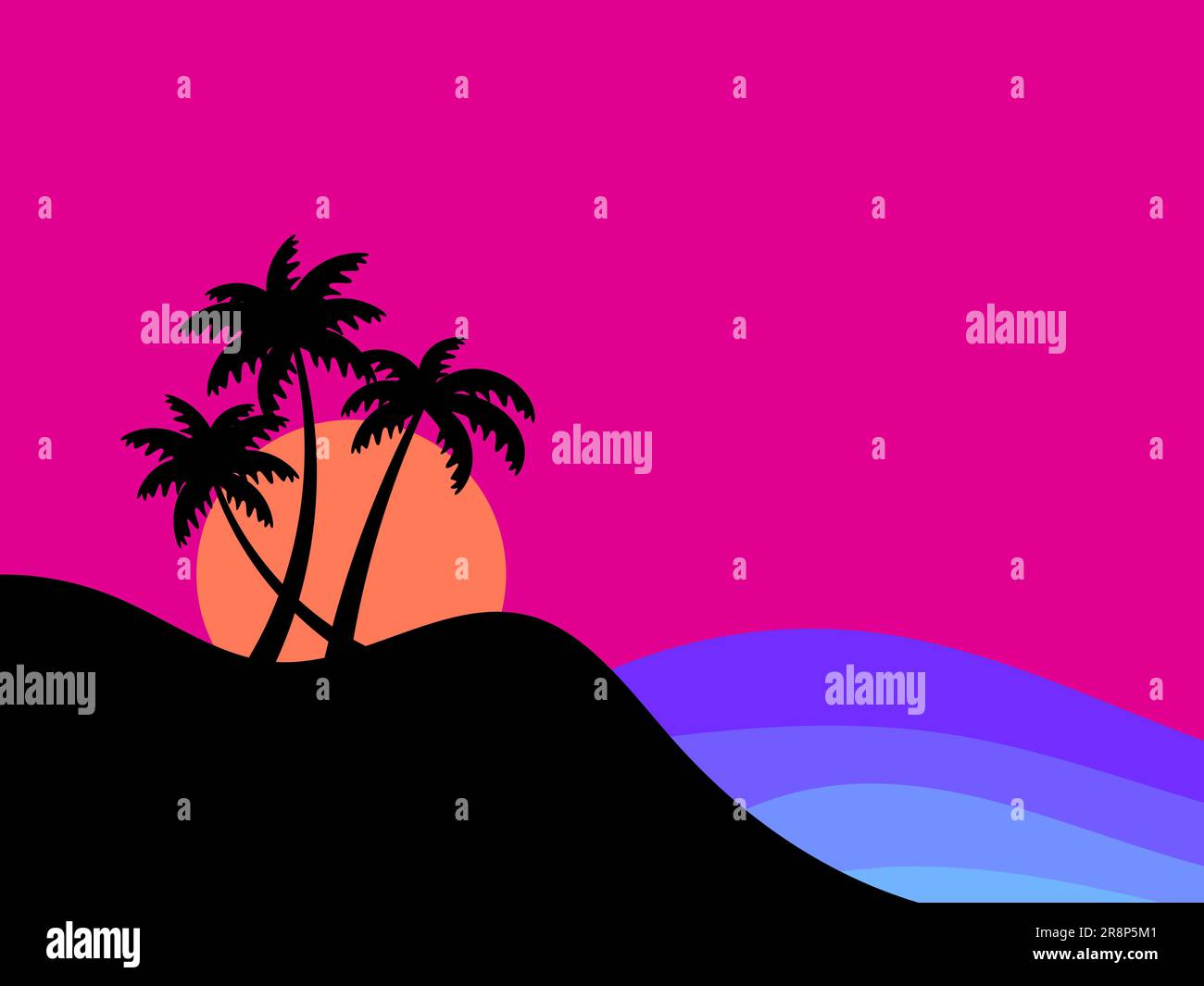 Seashore, silhouettes noires de palmiers au coucher du soleil. Bord de mer tropical dans un style minimaliste. Heure d'été. Design pour les tirages, bannières et supports promotionnels Illustration de Vecteur