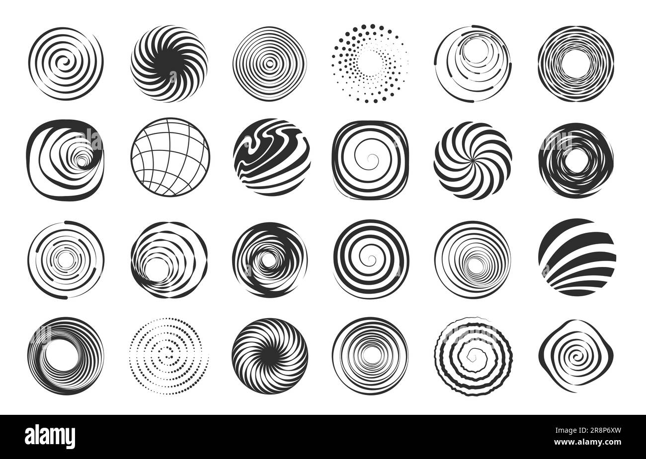 Formes en spirale. Figurines géométriques abstraites de tourbillon, éléments abstraits modernes de spirale de cercle ondulé, éléments de conception de bordure noire de mouvement. Ensemble de vecteurs de la désaturation Illustration de Vecteur