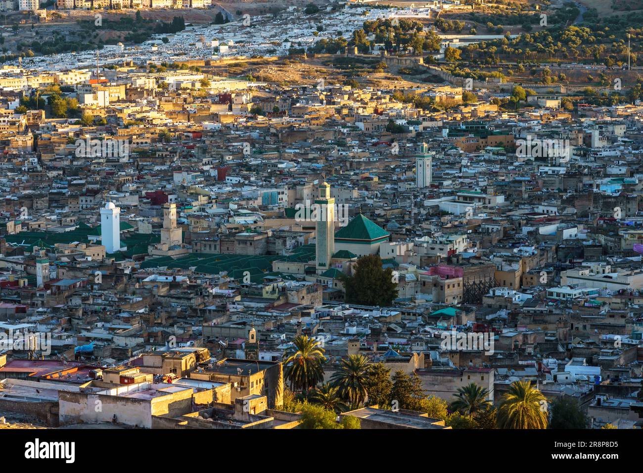 Maroc. Fez. Vue sur la colline au-dessus de la vieille médina à Fès au crépuscule. Au centre de la mosquée Karaouiyine Banque D'Images