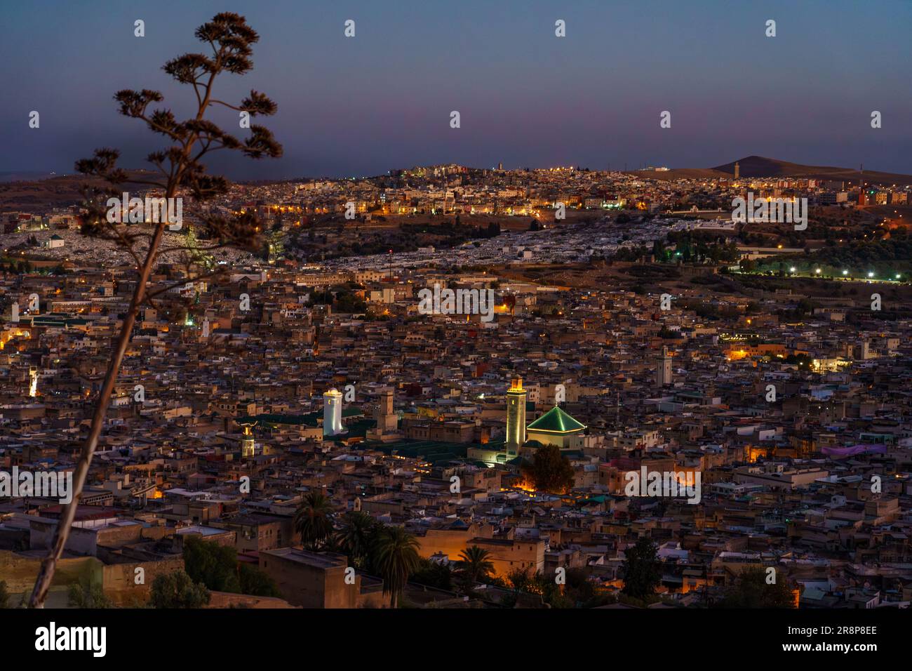 Maroc. Fez. Vue de la colline au-dessus de la vieille médina à Fès la nuit. Au centre de la mosquée Karaouiyine Banque D'Images