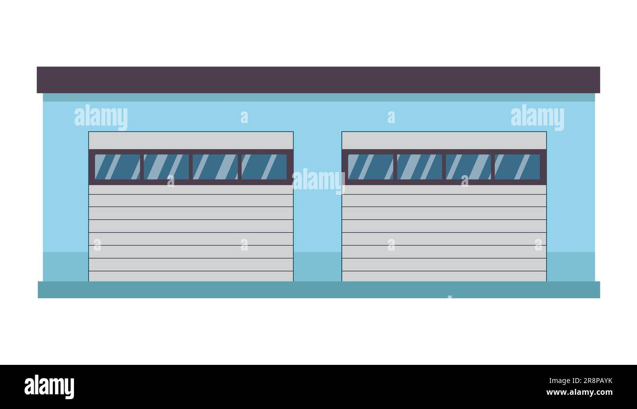 Bâtiment de service et de réparation de voitures avec deux garages gris fermés. Toit bleu d'atelier mécanique. Illustration vectorielle isolée sur blanc Illustration de Vecteur