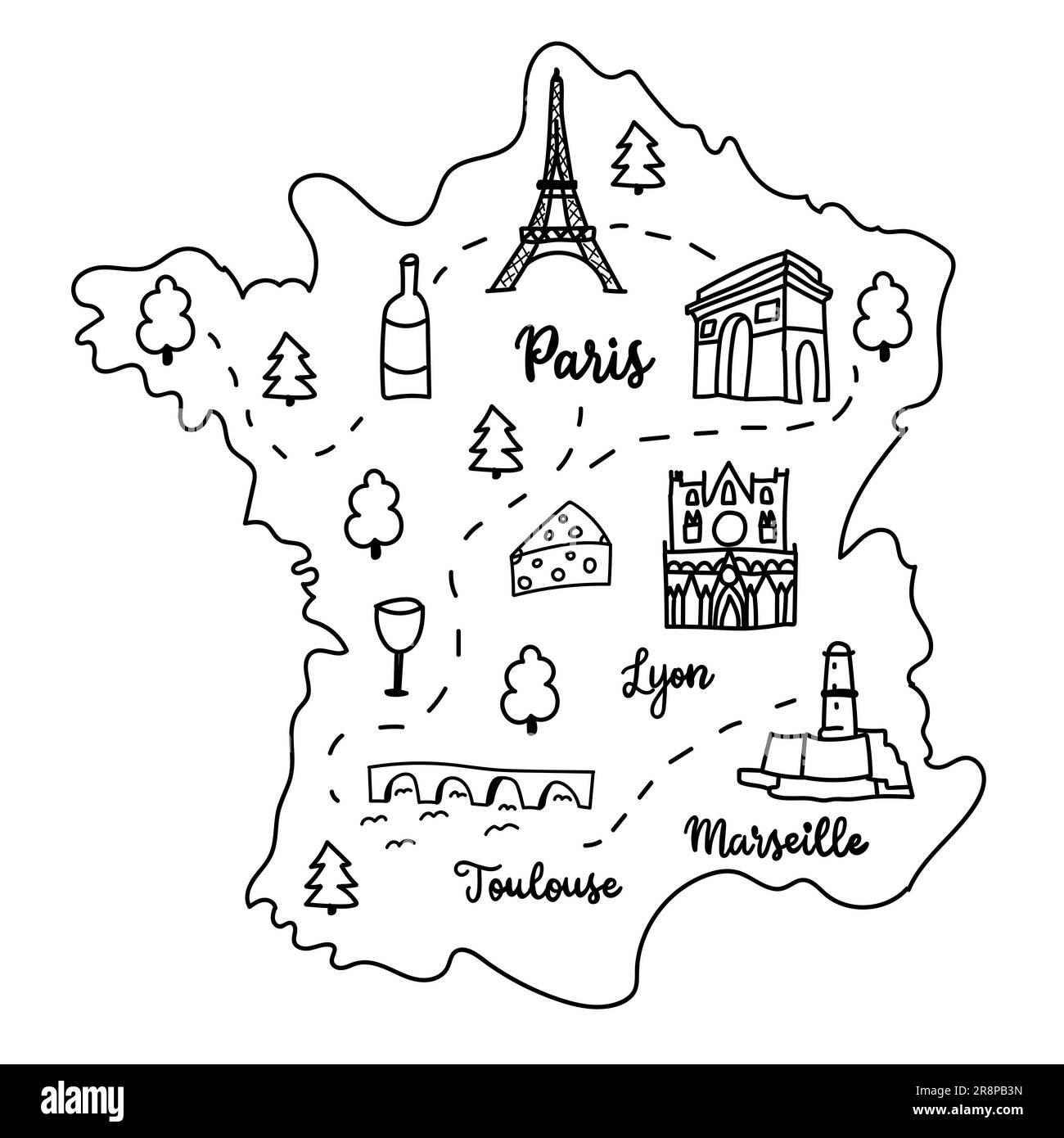 Carte de France illustrée à la main avec des monuments célèbres, des arbres, des symboles nationaux. Illustration vectorielle isolée sur fond blanc Illustration de Vecteur