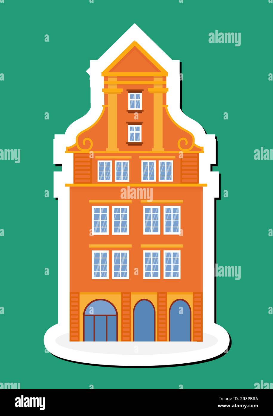 Autocollant de vieille maison européenne colorée. Style hollandais. Façade historique orange. Architecture traditionnelle des pays-Bas ou de la Pologne. Illustration vectorielle fl Illustration de Vecteur