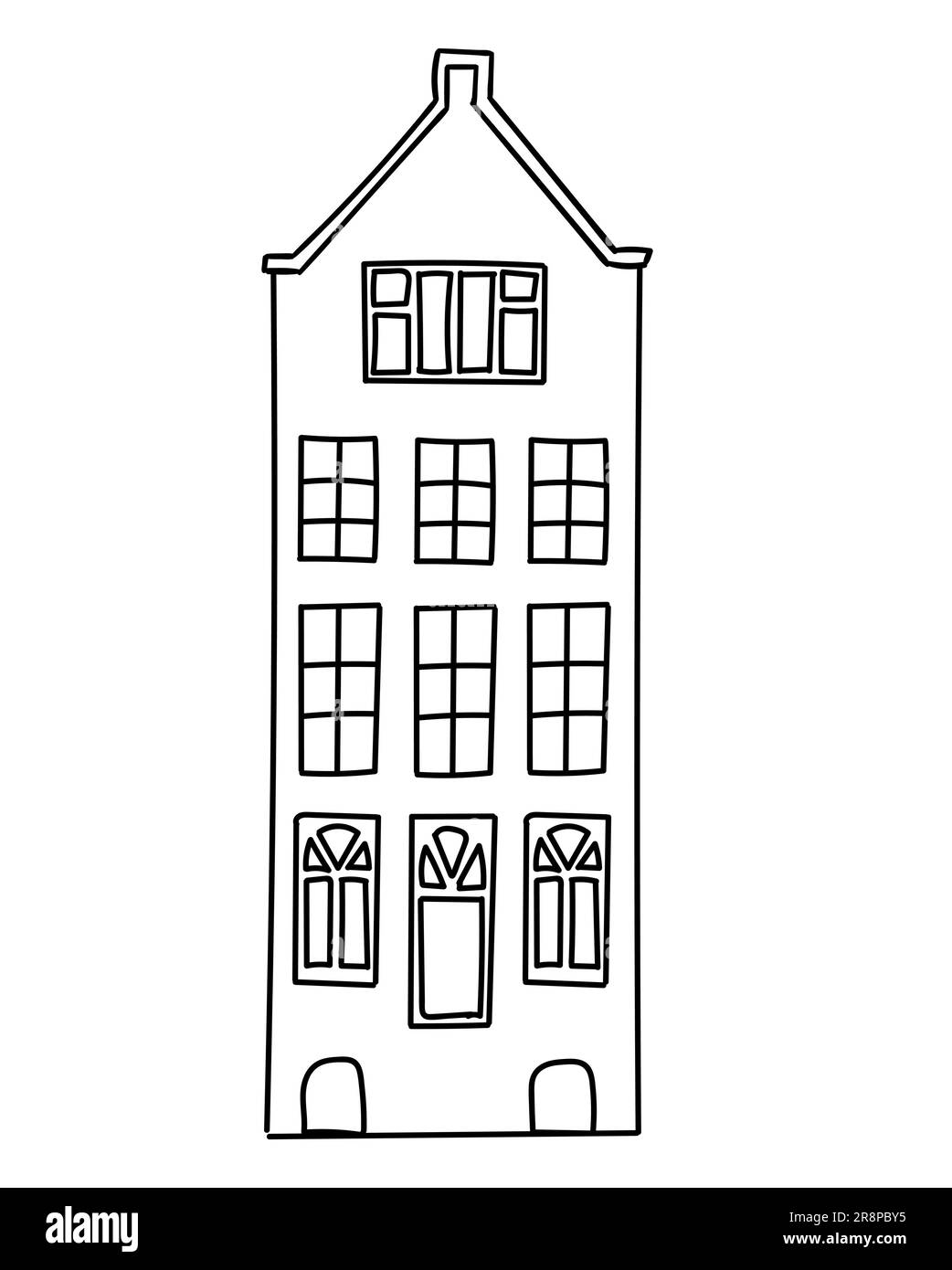 Doodle Outline Amsterdam ancienne maison dans le style hollandais. Façade historique. Architecture traditionnelle des pays-Bas. Illustration vectorielle dessin animé plat styl Illustration de Vecteur