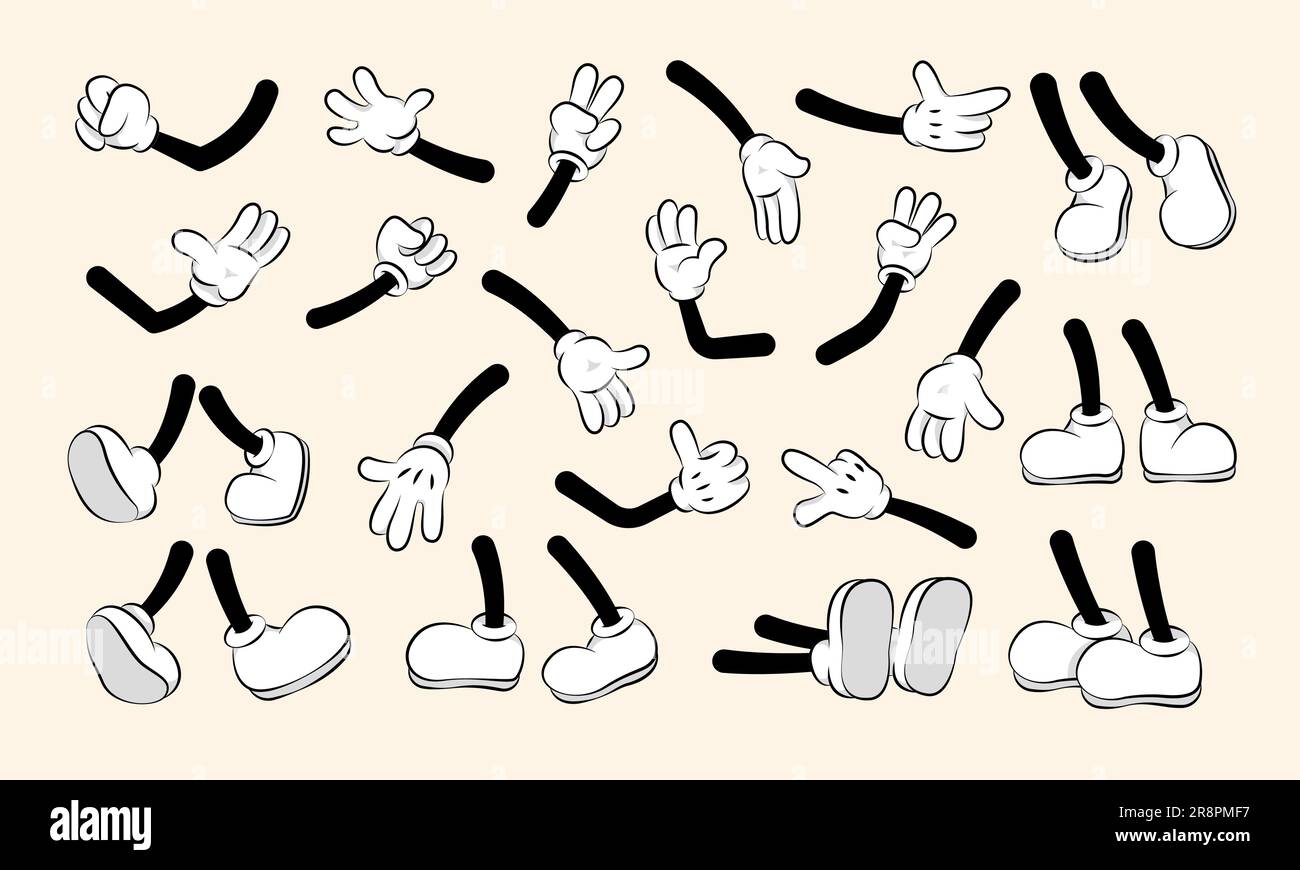 Collection mains et jambes de dessins animés. Mignon rétro animation pieds blancs et gants personnages parties du corps, abstrait simple drôle personne gestes. Communication vectorielle Illustration de Vecteur