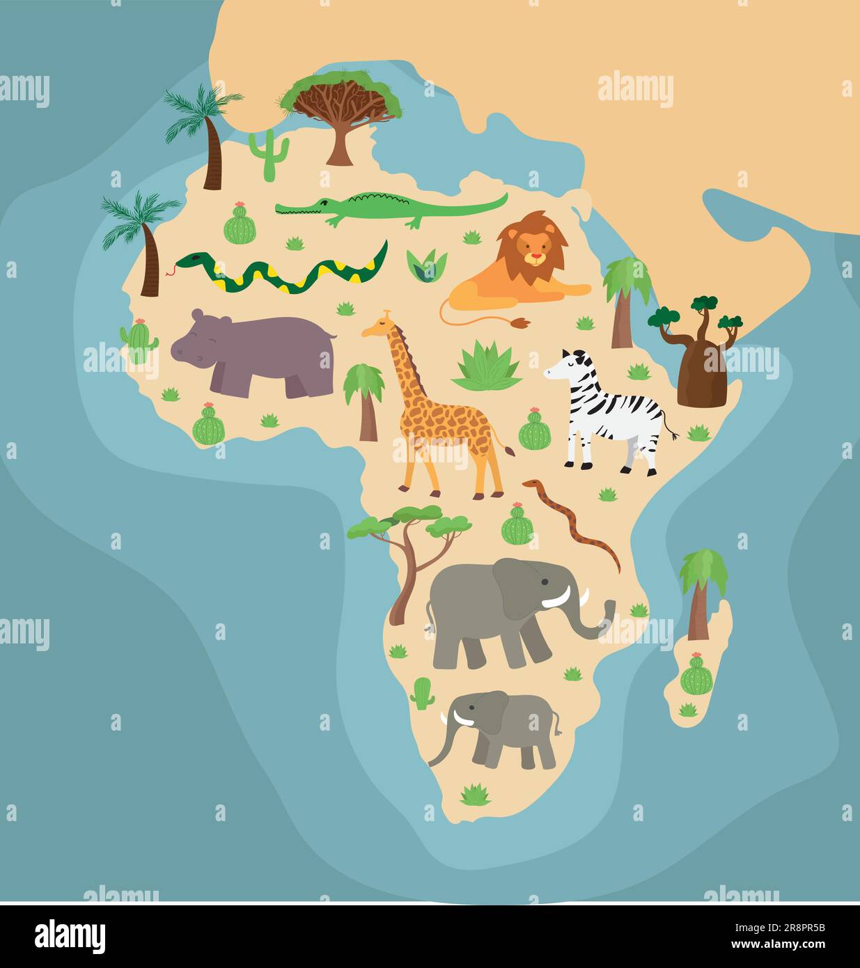 Dessin animé carte illustrée à la main de l'Afrique avec arbres d'endéma, plantes et île de Madagascar. dragon tree, palmier, cactus sur fond coloré. Illustration de Vecteur