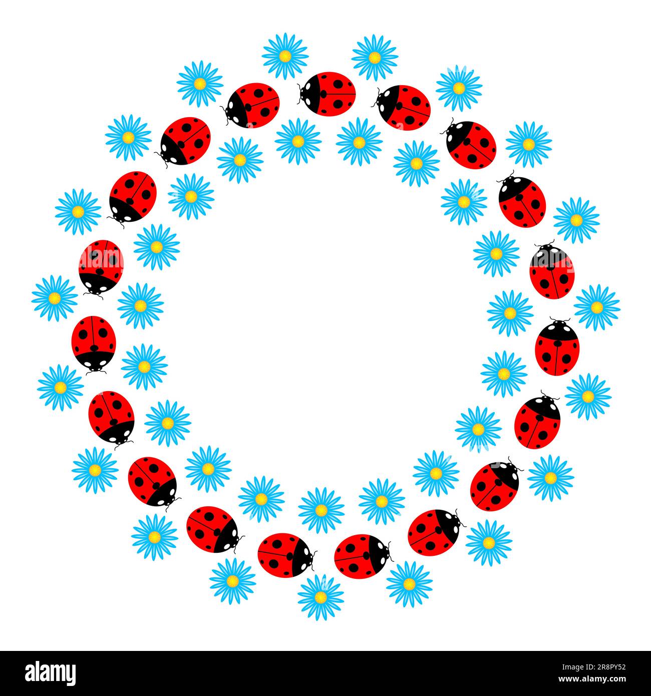 Cadre d'été décoratif rond avec coccinelles et modèle de motif fleurs bleues. Illustration de Vecteur