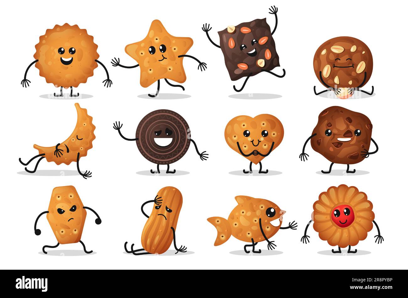 Personnages de cartoon Cracker. Petits gâteaux mignons avec des expressions, visages drôles de la nourriture sucrée avec des émotions et des gestes. Jeu vectoriel de biscuits de caractères Illustration de Vecteur
