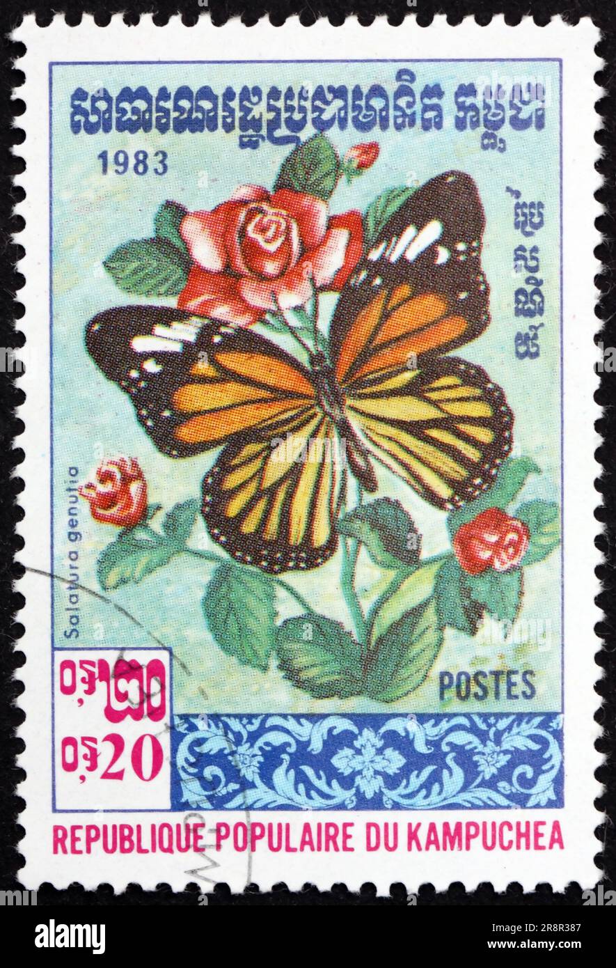 CAMBODGE - VERS 1983: Un timbre imprimé au Cambodge montre le tigre commun, salatura genutia, est l'un des papillons communs de l'Inde, vers 1983 Banque D'Images