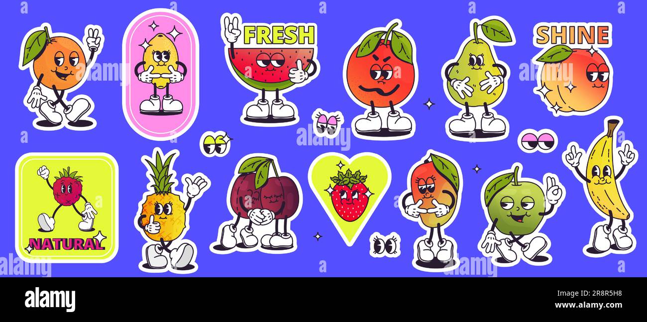 Autocollants groovy de fruits de dessin animé. 80s 90s étiquettes fruitées funky à visage souriant, éléments d'animation rétro colorés pour la conception de produits d'emballage. Le vecteur est Illustration de Vecteur