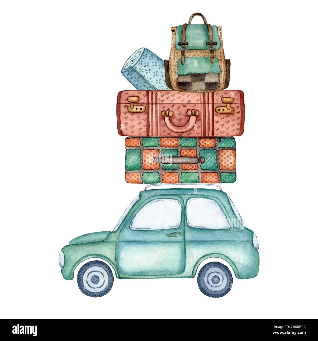 Jolie vieille voiture bleue pour un petit voyage à travers la campagne. La voiture est chargée de bagages pour le voyage. Valises, tapis de voyage et sac à dos Banque D'Images