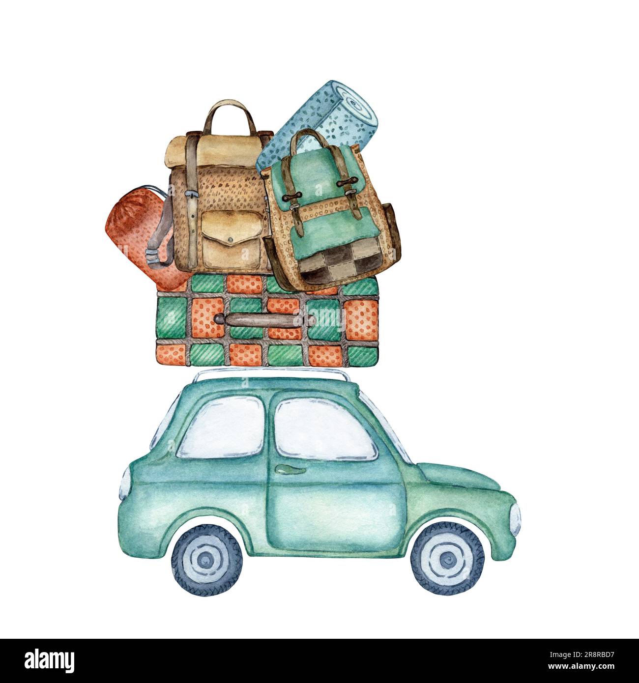 Jolie vieille voiture bleue pour un petit voyage à travers la campagne. La voiture est chargée de bagages pour le voyage. Valise, sacs à dos, tapis de voyage et tente Banque D'Images
