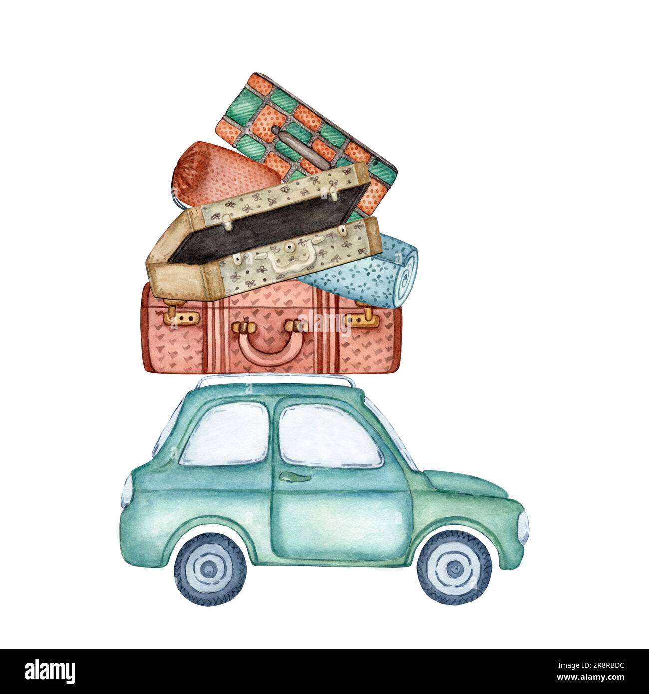 Jolie vieille voiture bleue pour un petit voyage à travers la campagne. La voiture est chargée de bagages pour le voyage. Valises, tapis de voyage et tente. Aquarelle Banque D'Images