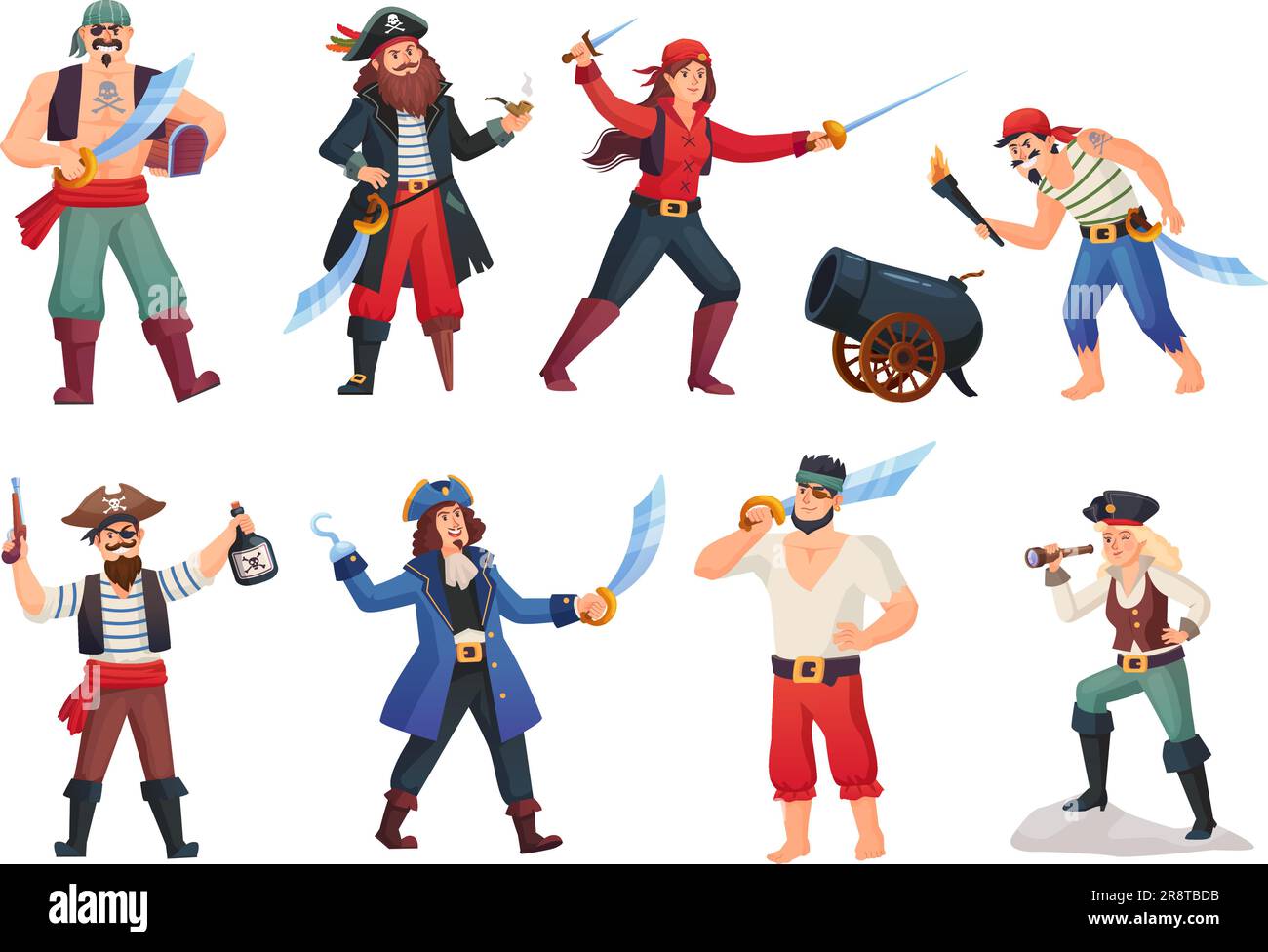 Personnages d'aventure pirate. Caricature de pirate avec rhum, Sea rover homme femme en costume de pirates, corsair ou marin marin capitaine d'équipage, buccaneer pirate dans une illustration ingénieuse de vecteur Illustration de Vecteur