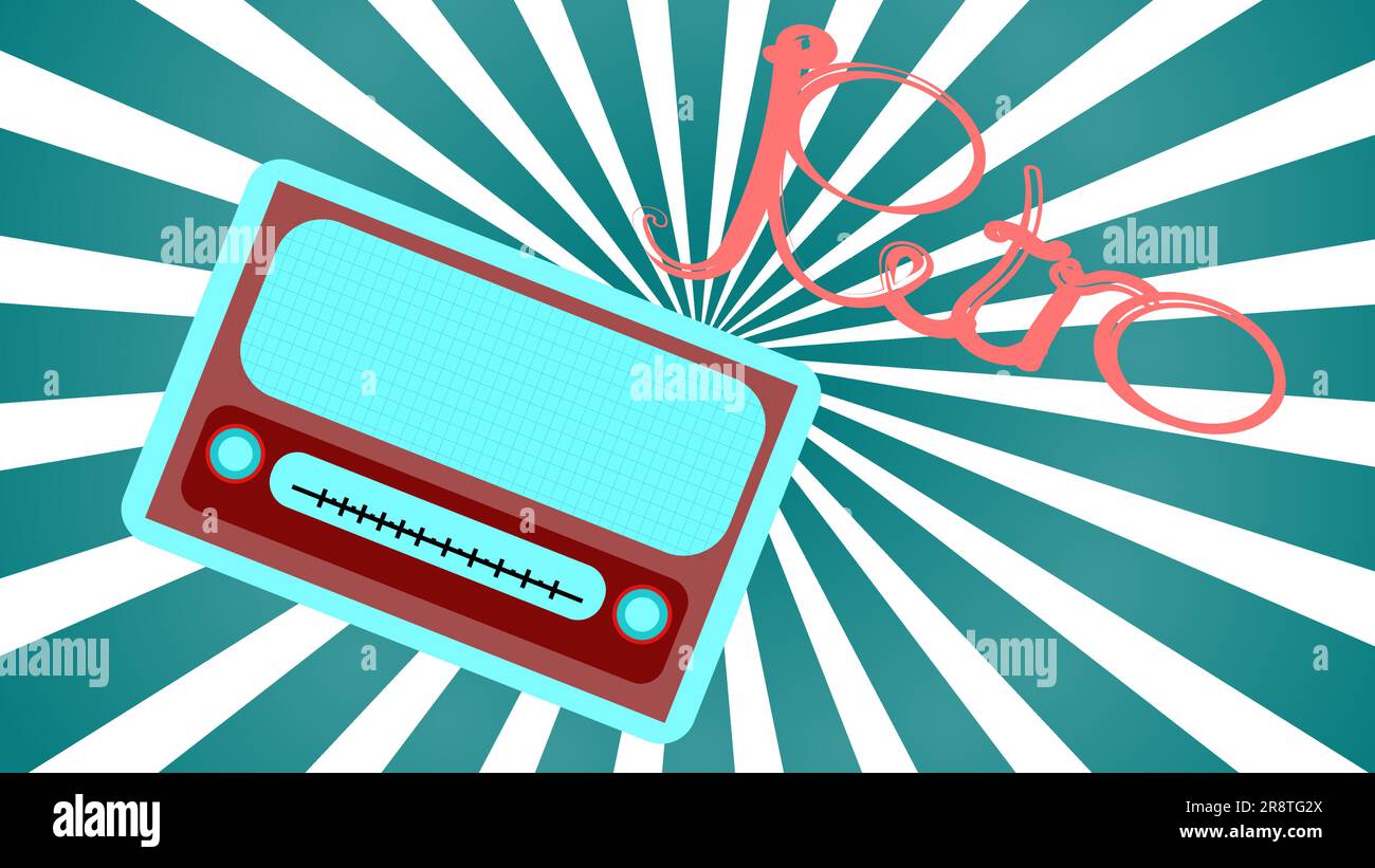 Une ancienne rétro bleu antique vintage rectangulaire première radio hipster, un récepteur radio de musique avec des commandes de volume rondes avec une inscription rétro encore Illustration de Vecteur