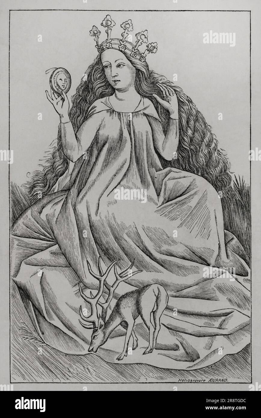 La Dame. Jouer à la carte à partir d'un jeu de cartes. Gravure par Master E.S. (env. 1420-h. 1468). 'Les Arts au Moyen Age et l'Epoque de la Renaissance', par Paul Lacroix. Paris, 1877. Auteur: Master E. S. (ca.1420-ca.1468). Graveur allemand non identifié, orfèvre et graveur. Banque D'Images