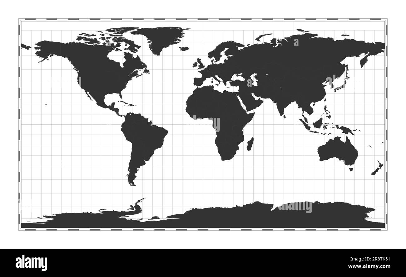 Carte du monde vectoriel. Projection cylindrique Patterson. Carte géographique du monde Uni avec lignes de latitude et de longitude. Centré sur 0deg longitude. Vecteur Illustration de Vecteur