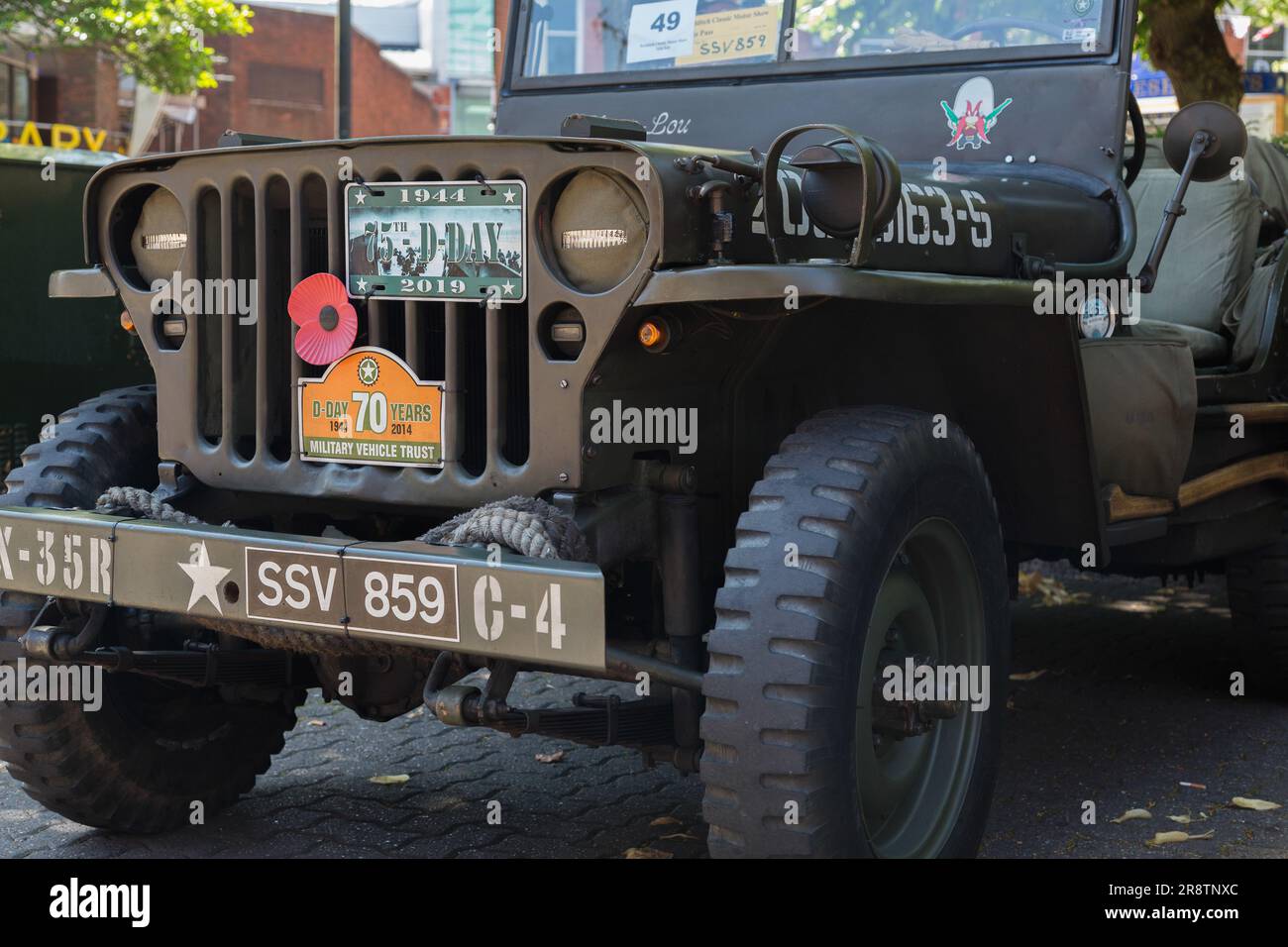Gros plan d'une Jeep Willys, un véhicule militaire américain fabriqué par Willys Overland pour l'armée des États-Unis pendant la Seconde Guerre mondiale Vintage Classic Banque D'Images
