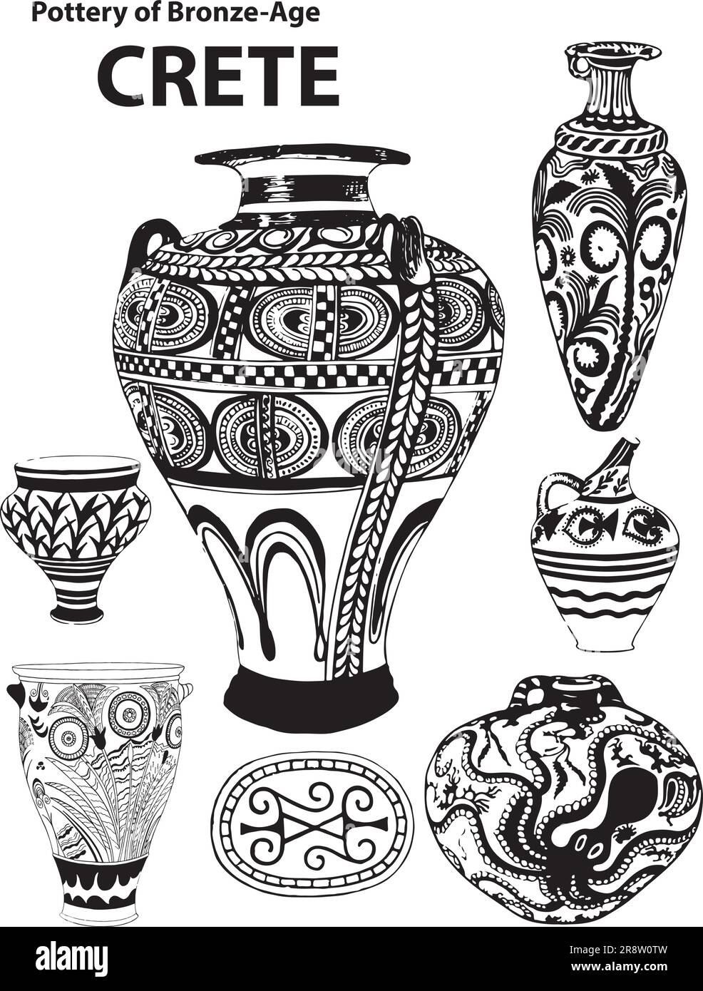 Des images en noir et blanc de poterie de l'âge de braoze de Crète, avec des conceptions et un style crétois uniques. Illustration de Vecteur