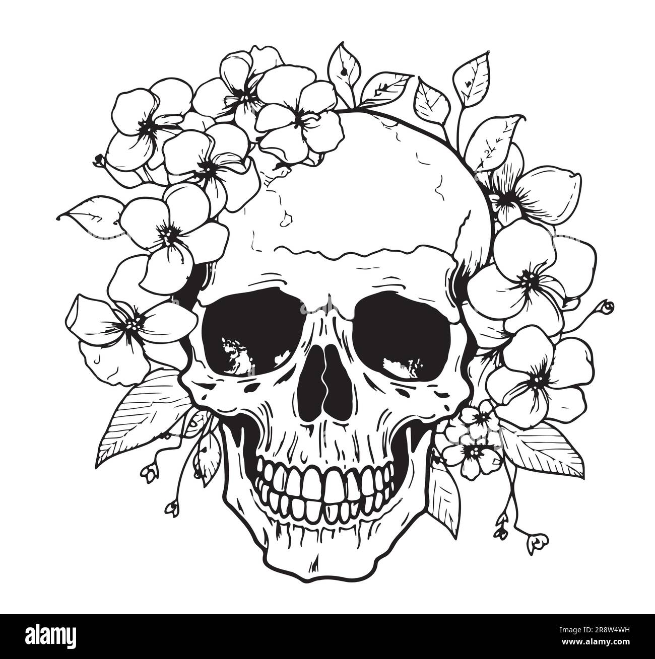 Tête de mort en fleurs esquisse dessin main dessin style de gravure illustration Illustration de Vecteur