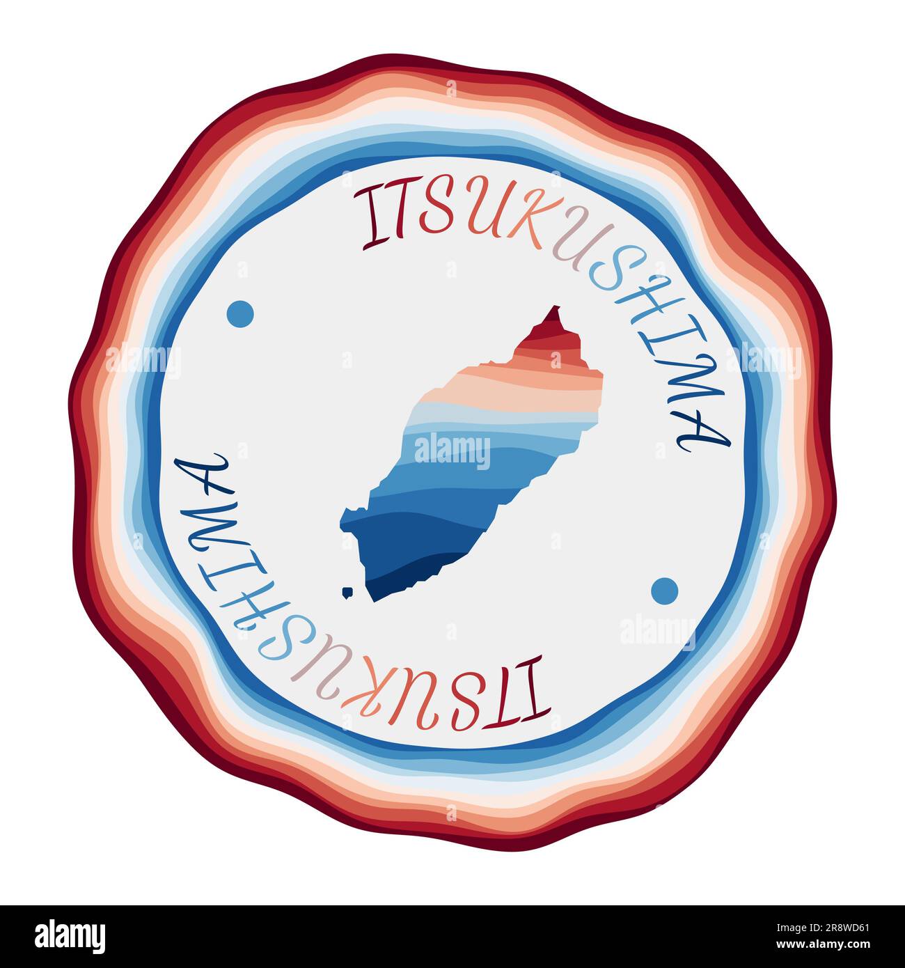 Badge Itsukushima. Carte de l'île avec de belles vagues géométriques et un cadre rouge-bleu vibrant. Logo Itsukushima rond vif. Illustration vectorielle. Illustration de Vecteur