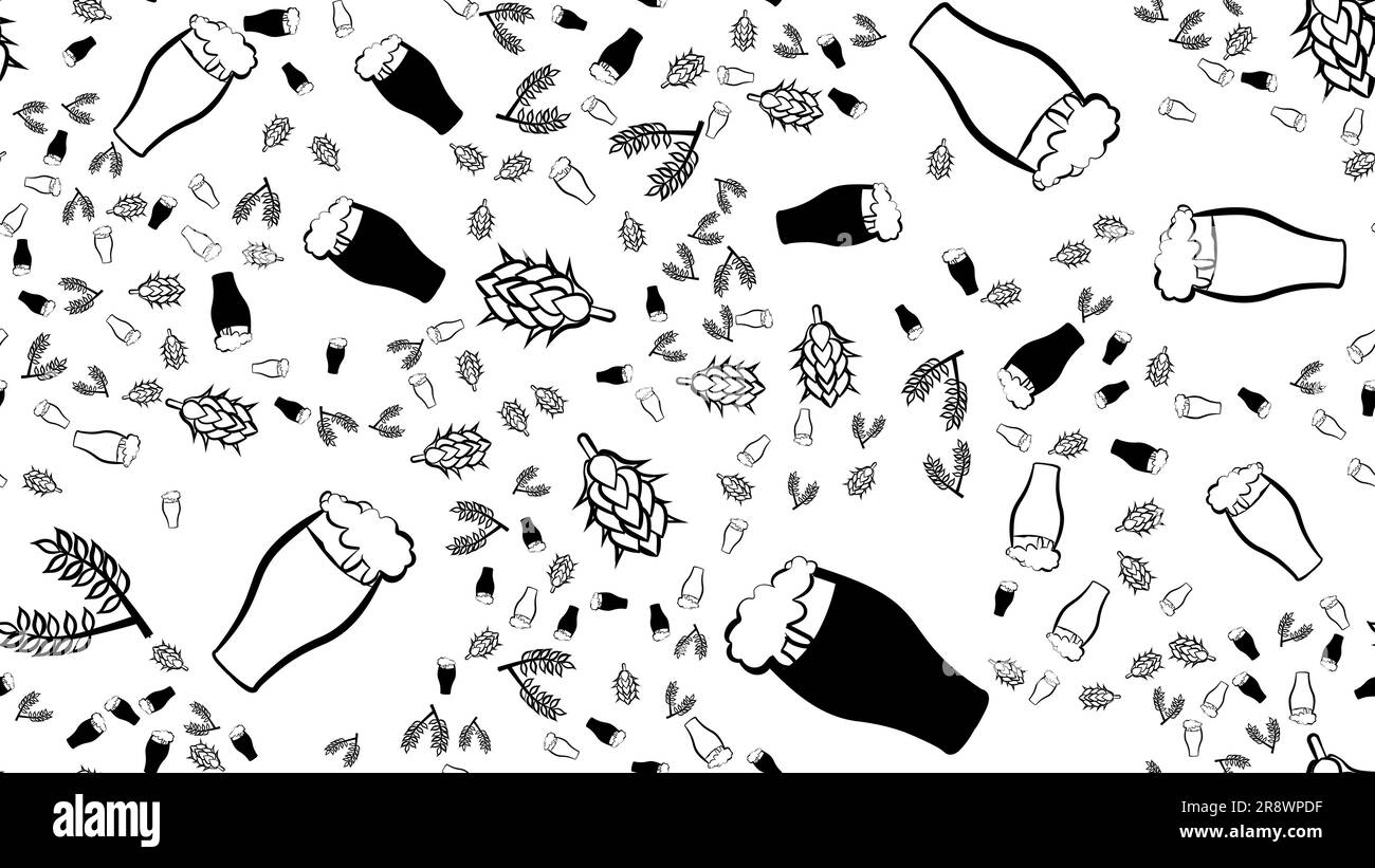 Texture motif sans couture de verres de mugs multicolores avec bière en mousse léger lager foncé et piquant avec branches de plantes de houblon et de malt. Le backgrou Illustration de Vecteur