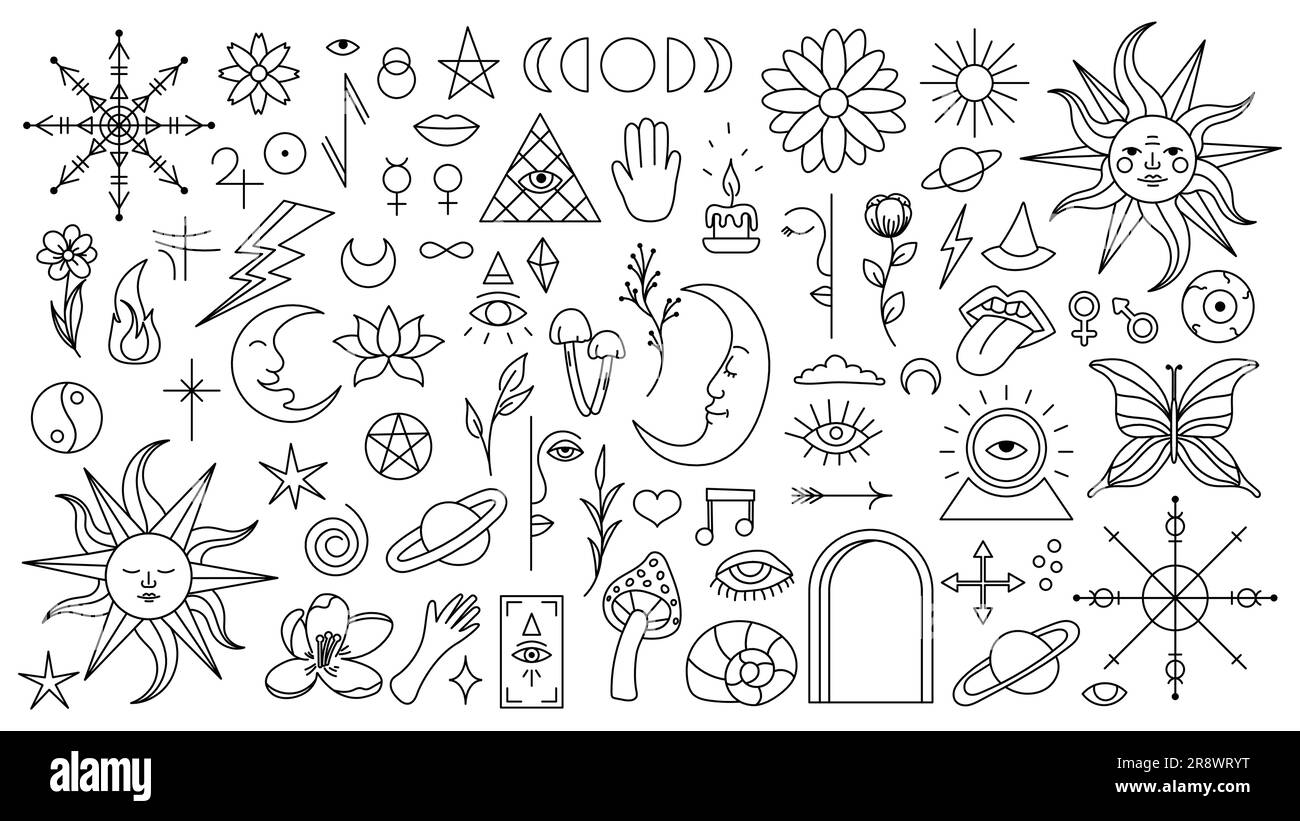 Arrière-plan magique de style rétro avec éléments dessinés à la main. Motif isolé de vecteur mystique décoratif. autocollants de contour modifiables. Élément ésotérique en m Illustration de Vecteur