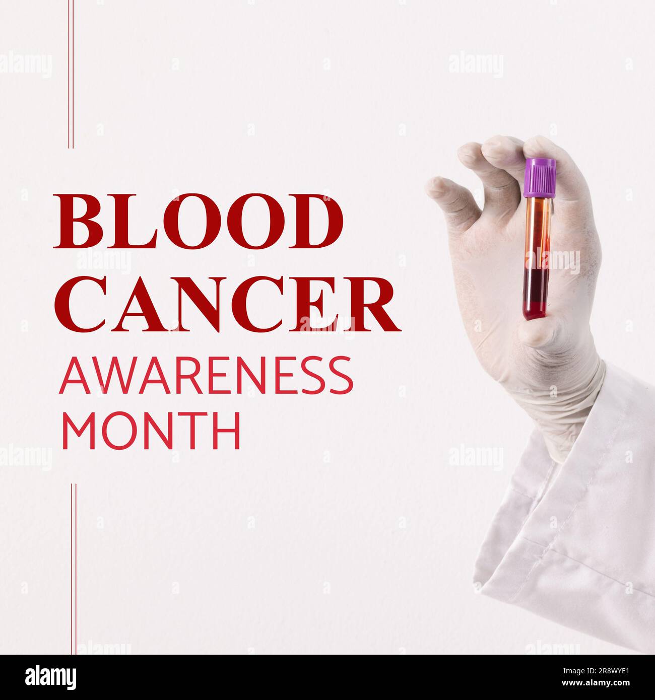 Texte du mois de sensibilisation au cancer du sang en rouge avec la main du médecin tenant l'échantillon de sang, sur blanc Banque D'Images