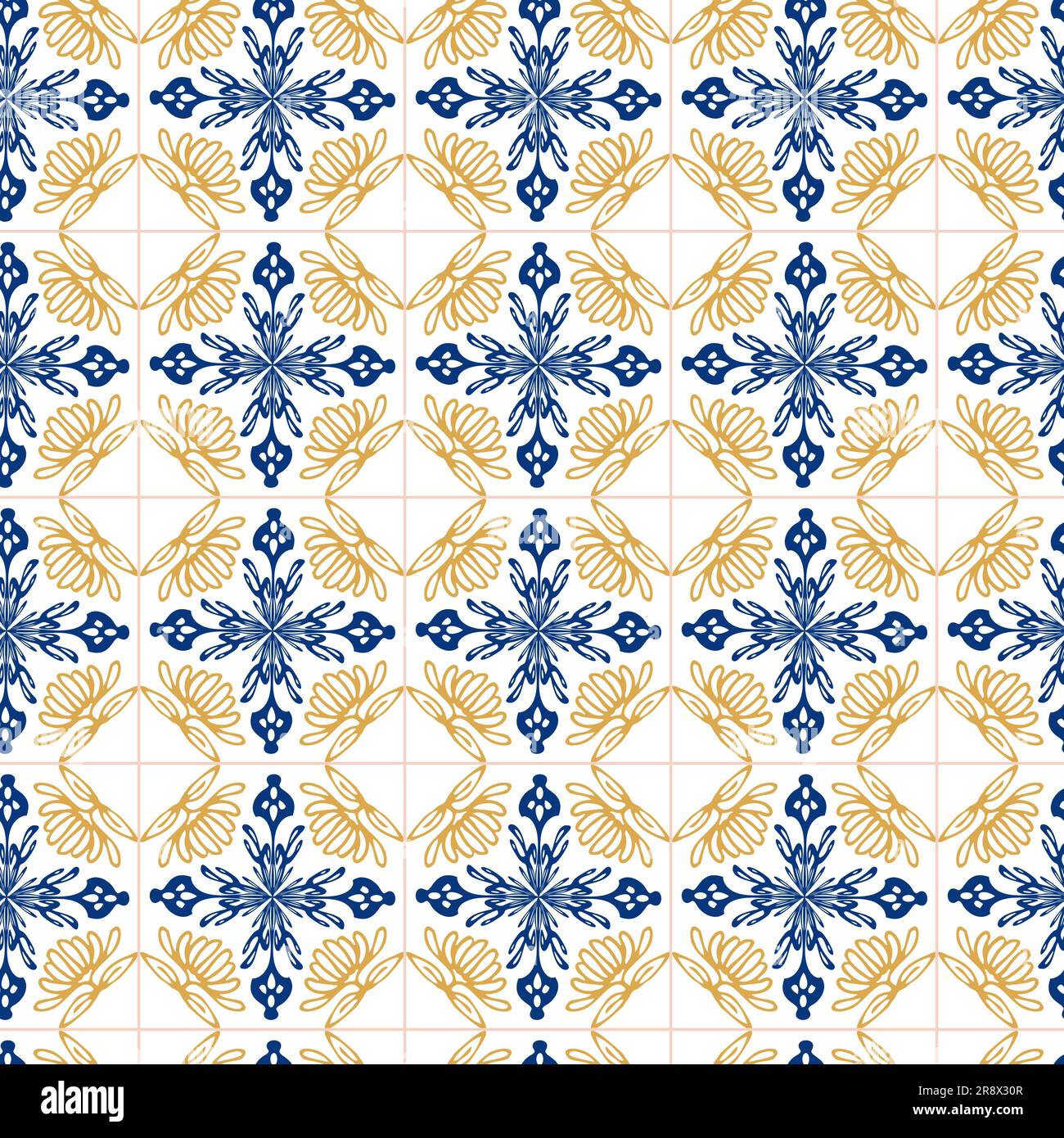 Motif géométrique sans couture dans le style Portugal ornement jaune et bleu. Azulejo vecteur, décoration intérieure de mode carreaux. Arrière-plan textile ornemental Illustration de Vecteur