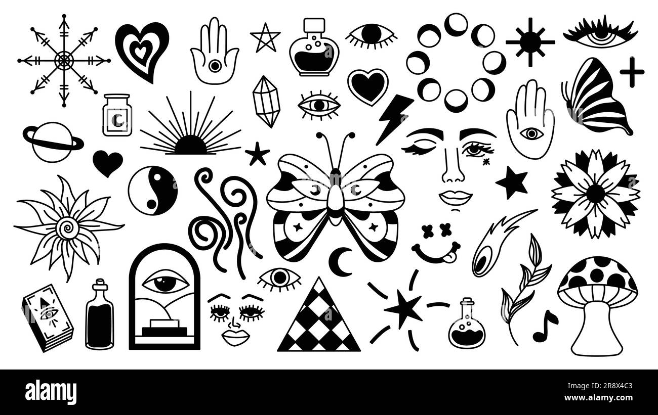 Arrière-plan magique de style rétro avec éléments dessinés à la main. Motif isolé de vecteur mystique décoratif. autocollants de contour modifiables. Élément ésotérique en m Illustration de Vecteur