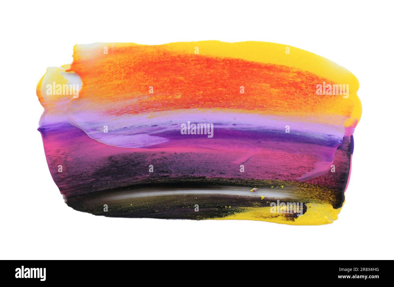 Échantillons de peinture au caméléon rose, orange, jaune et violet sur fond blanc, vue de dessus Banque D'Images