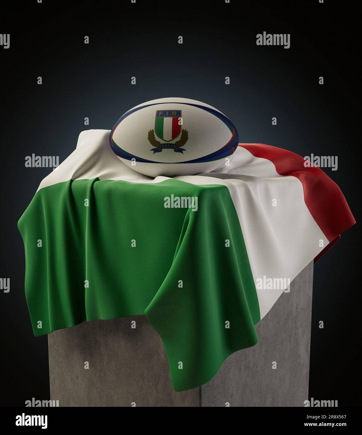 Un rendu en 3D d'une balle de rugby générique imprimée avec le logo Azzurri reposant sur un drapeau d'Italie drapé - 29 mars 2019 à Bristol, Royaume-Uni Banque D'Images