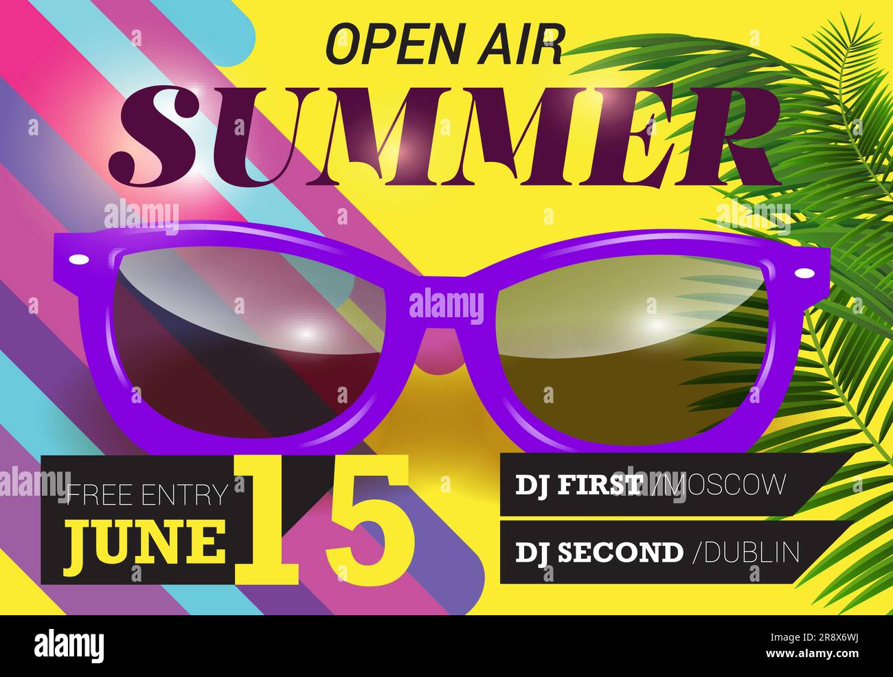 Été, plein air, 15 juin lettering avec des lunettes de soleil pourpres Illustration de Vecteur