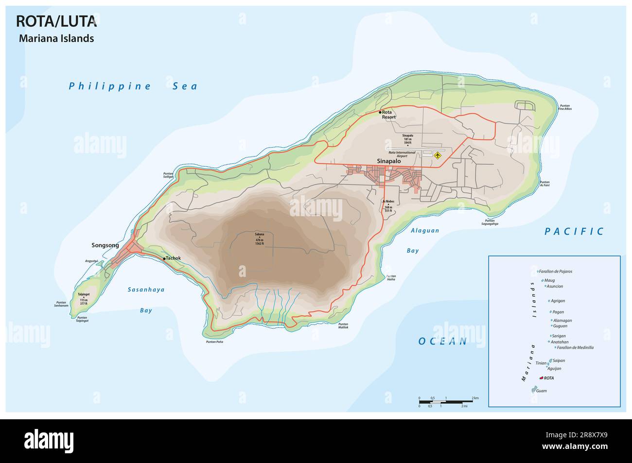 Carte routière vectorielle de l'île de Rota, îles Mariannes, États-Unis ...