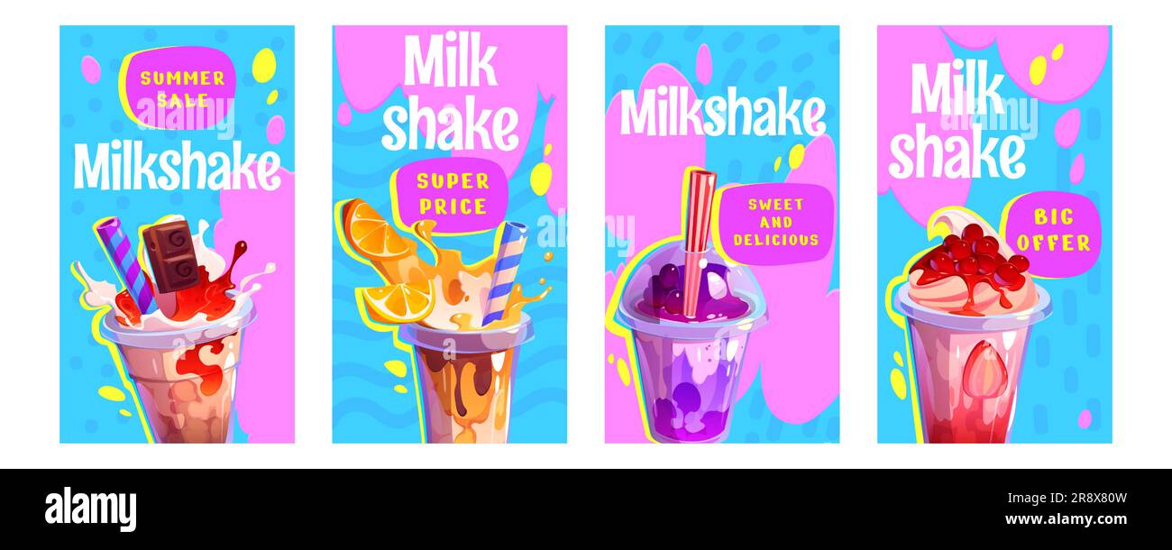 Ensemble d'illustrations représentant une boisson glacée à la Milk-Shake en verre vectoriel. Shake au lait au chocolat avec crème dans une tasse pour le menu des boissons dans le café. Affiche sur le smoothie froid, le café ou le thé moussant Illustration de Vecteur