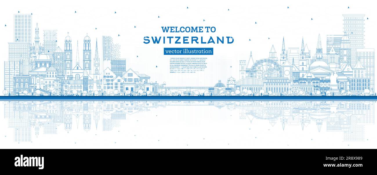 Bienvenue en Suisse. Outline City Skyline avec Blue Buildings. Illustration vectorielle. Architecture moderne et historique. Suisse. Illustration de Vecteur